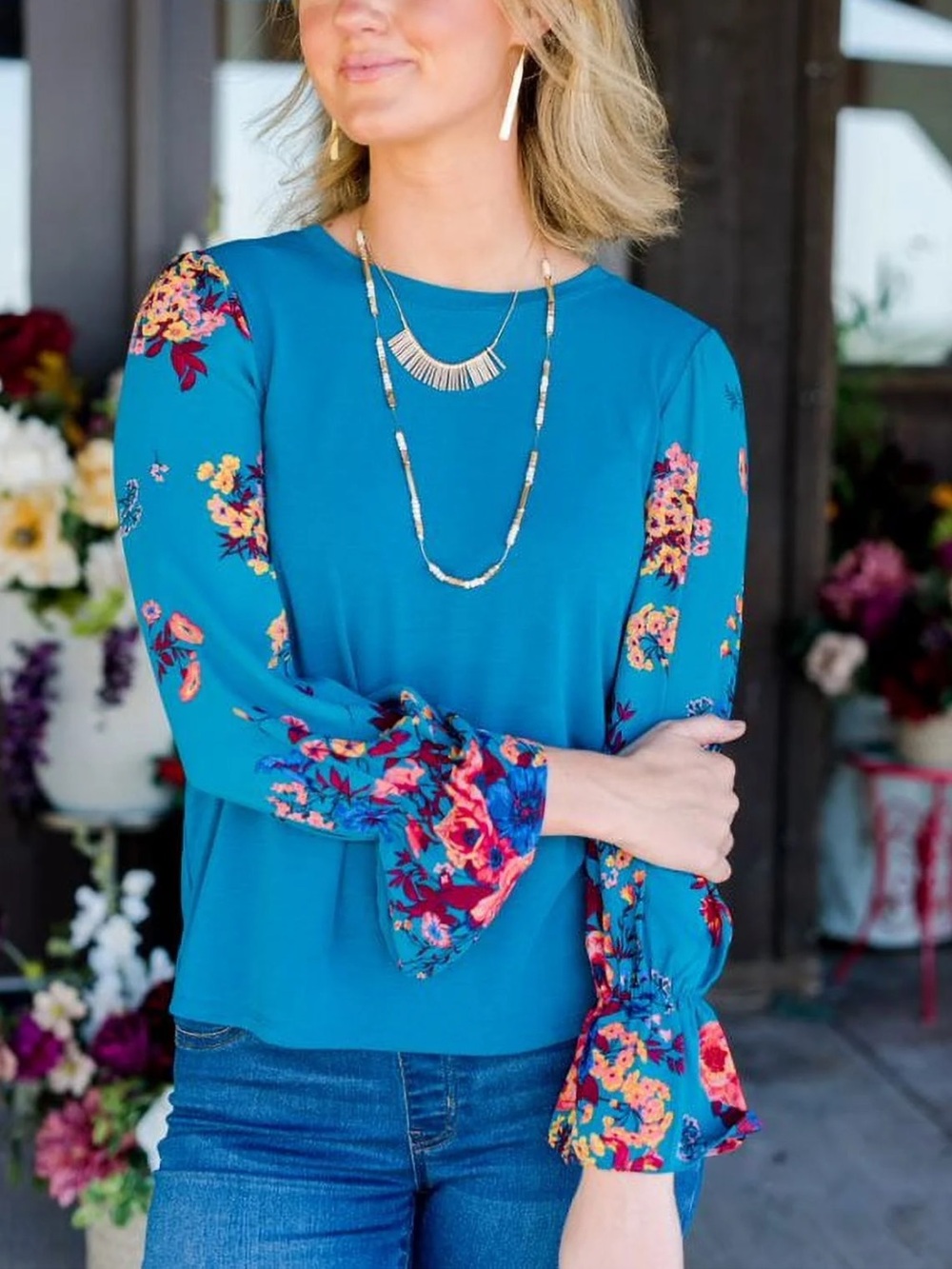 Pioneer‎ Woman Floral Sleeve Teal Blouse